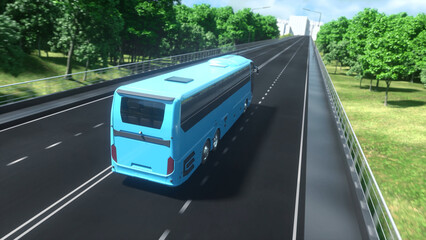 Fototapeta premium Blue tourist passenger modern bus on the highway. Surrounded by nature, trees, fields. Concept of tourism and transportation of people between cities. Sunny summer day. 3d rendering