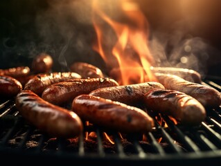 sizzling hot sausages on charcoal bbq grill, generative ai