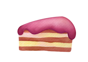 Watercolor piece of chocolate with sponge cake covered with pink glaze illustration isolated on transparent background for decoration, design and compositions of menus, recipes, kitchen accessories