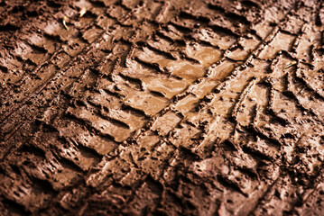 Texture of the trace from the car on the mud. dirt road after the rain Close-up. natural light,...