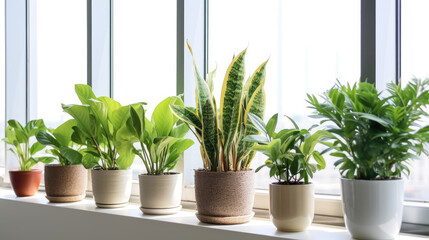 A row of green leafy plants in pots on a white windowsill