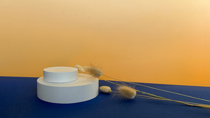 Minimal scene for product presentation. Geometric white round platform on a beige-blue background. Stage for a showcase.