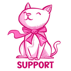 Concept art of a superhero cat with a pink ribbon raising awareness. Cartoon kitty concept about breast cancer month.