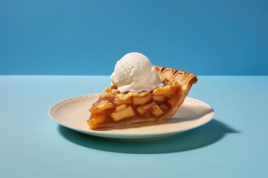 Inviting Apple Pie with vanilla ice cream isolated served on white plate with blue background. AI Generated
