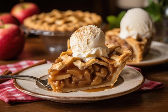 Lavish Apple Pie with vanilla ice cream served on glass plate with blurred background. AI Generated