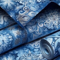 An image featuring an intricate snowflake fabric pattern in shades of blue and silver, evoking a magical and wintry ambiance. Generative Ai