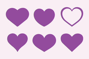 Purple, violet hearts set. Love, romance, passion, feeling icon, symbol. Vector illustration
