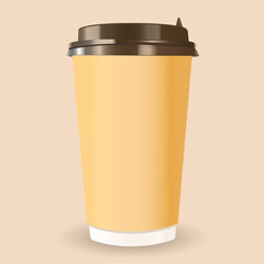 Paper coffee cup. Blank disposable takeaway kraft coffee cup with cardboard holder and plastic , mock up template isolated.