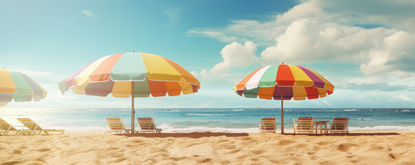 Summer beach illustration with sun lounger umbrellas, sand and sea view. Generative AI