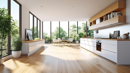 Fototapeta na wymiar White kitchen corner with a wooden floor, large windows Generative AI