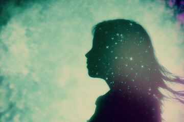 Silhouette of a girl with long hear agains abstract background