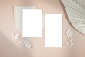 Wedding stationery suite cards styled with minimalist boho decor and on-trend shadow photography. 5x7 invitation, thank you, save the date card and 4x8 wedding program mockup.