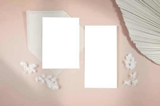 Wedding stationery suite cards styled with minimalist boho decor and on-trend shadow photography. 5x7 invitation, thank you, save the date card and 4x8 wedding program mockup.