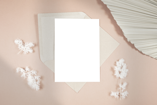 Wedding stationery suite cards styled with minimalist boho decor and on-trend shadow photography. 5x7 invitation, thank you, save the date card mockup.