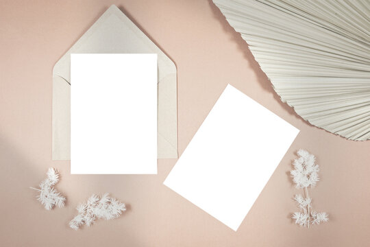 Wedding stationery suite cards styled with minimalist boho decor and on-trend shadow photography. Double sided 5x7 invitation, save the date, thank you card mockup.