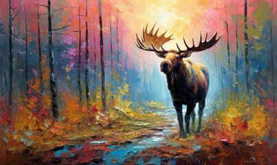 Bull Moose Majestic Wilderness, Palette Knife Oil Painting of a Bull Moose in Vibrant Colors, an Artistic Masterpiece.  Generative AI.