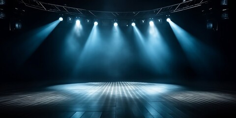 Blue spotlights shine on stage floor in dark room, idea for background, backdrop, mock up. generative ai. - obrazy, fototapety, plakaty