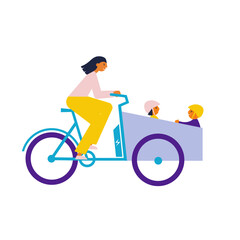 Woman riding electric bicycle. Cargobike with cart. Bakfiets with cargo. Flat vector illustration