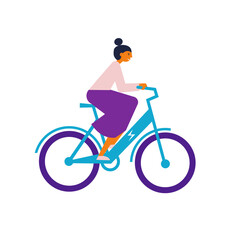 Woman riding electric bicycle. Flat vector illustration