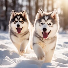 Naklejka premium Playful Alaskan Malamute Puppies Enjoying a Snowy Adventure
