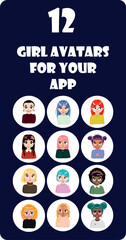 Vector illustration.12 girls avatars for your application. Huge set of girls. Anime style.