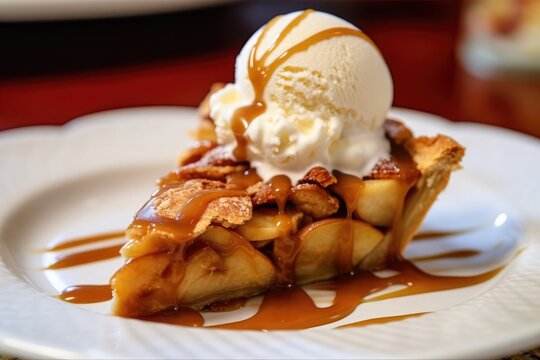 Mouth-watering slice of Apple Pie and Ice Cream and caramel sauce served on white plate with blurred background. AI Generated