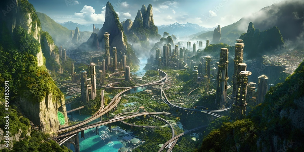 Wall mural futuristic high-tech city with advanced infrastructure, science fiction cityscape, fictional landsca