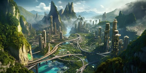 futuristic high-tech city with advanced infrastructure, science fiction cityscape, fictional landscape created with generative ai © CROCOTHERY