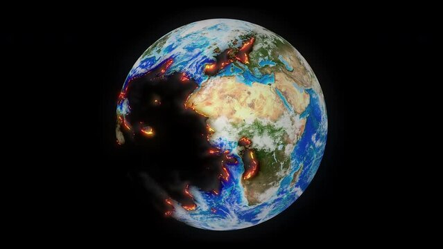 Animation of burning planet from the effects of global warming.concept of global warming and climate crisis.the earth burns.highly detailed burn animation.