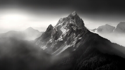 a black and white photo of a mountain range with fog in the air and a bright sun in the sky above the mountain range. Generative AI