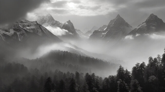 a black and white photo of a mountain range with fog in the air and a bright sun in the sky above the mountain range. Generative AI