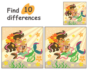 Fototapeta premium Find 10 differences with mermaid and cat vector illustration