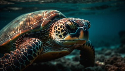 Fototapeta premium Endangered sea turtle swimming in colorful reef generated by AI