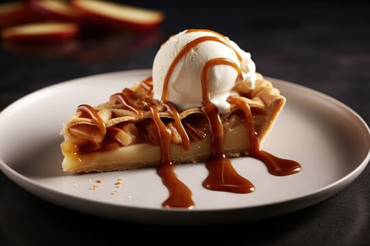 Indulgent Apple pie with ice cream and warm caramel sauce dripping on white plate with dark background. AI Generated