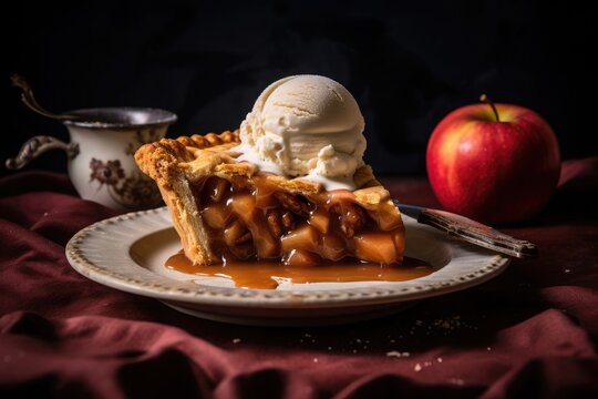 Spectacular Apple pie with ice cream and warm caramel sauce on ornate plate with dark background. AI Generated