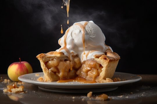 Indulgent Apple pie with melting ice cream and warm caramel sauce dripping, served on white plate with dark background. AI Generated