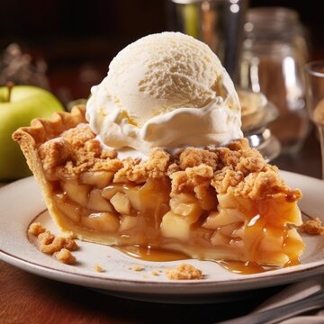 Luxurious Apple pie with ice cream and crumble served on white plate with blurry background. AI Generated