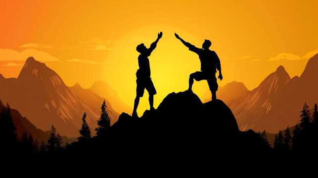 Accomplishment concept , with silhouette of two hikers giving high five on mountain top. Generative AI