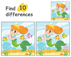 Find 10 differences with mermaid and fishes vector illustration