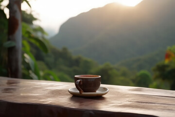 Morning cup of coffee with mountain at sunrise. mug of tea at sunset. ai, ai generative, generative ai, neural network