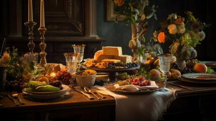 Tabletop Settings: Beautifully arranged table with carefully placed plates, cutlery, and props complementing the food, captured with a macro lens and natural light. Generative AI.