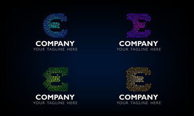 Set of modern creative technology letter E design template