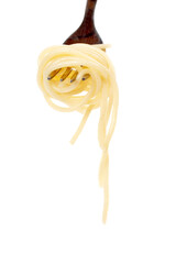 Rolled spaghetti on a fork  just for eating over a white background