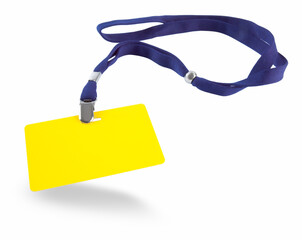 Yellow ID card and blue lanyard isolated against white background