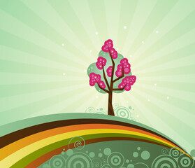 A solo tree, strange and magical, atop a rainbow hill
