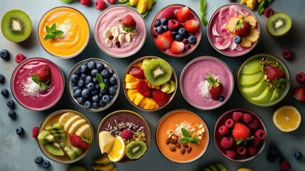 Fototapeta na wymiar Vibrant and Colorful Smoothie Bowls: A Refreshing and Wholesome Breakfast Option for Any Website. Generative AI.
