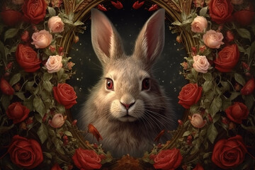 Sweet rabbit with velvet fur, surrounded by roses . Generative AI.