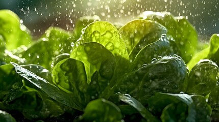 Fresh tasty salad leaves close up, water, splashing around, rain drops, bright sunlight, bokeh natural background, banner, AI Generated