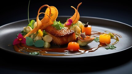 Artistic Plating: Beautifully arranged dishes with intricate designs and garnishes for website. Generative AI.