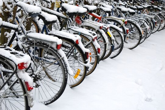 a row of bikes covered in snow, rear